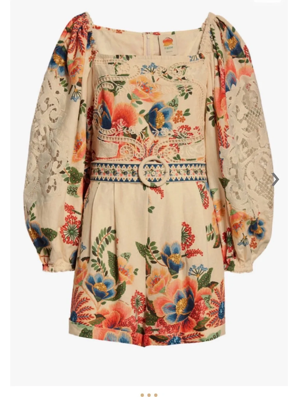 FARM Rio Cream Floral Puff-Sleeve Romper with Lace